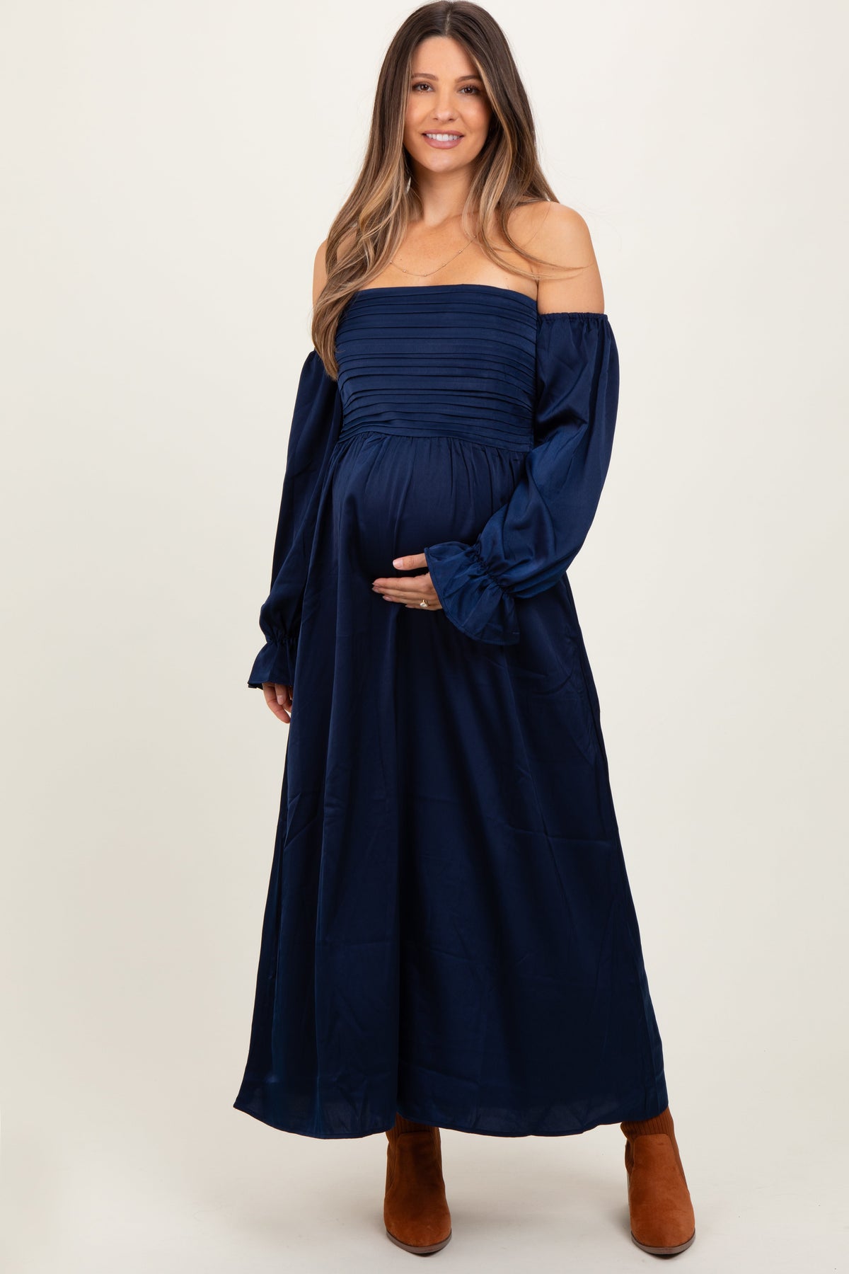 Three Little Tots Navy Off Shoulder Satin Pleated Bodice Maternity Maxi Dress, additional product photo