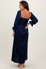 Three Little Tots Navy Off Shoulder Satin Pleated Bodice Maternity Maxi Dress, alternate angle