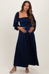 Three Little Tots Navy Off Shoulder Satin Pleated Bodice Maternity Maxi Dress