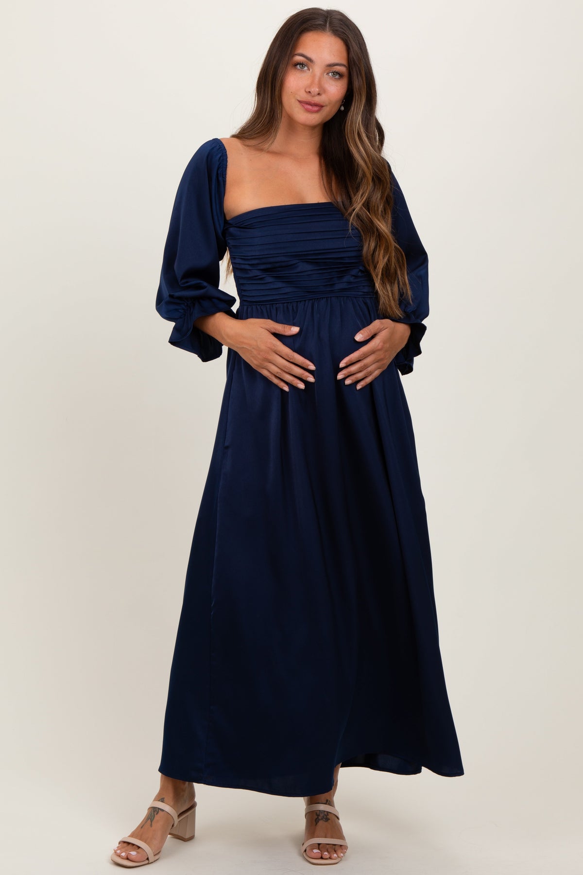 Three Little Tots Navy Off Shoulder Satin Pleated Bodice Maternity Maxi Dress