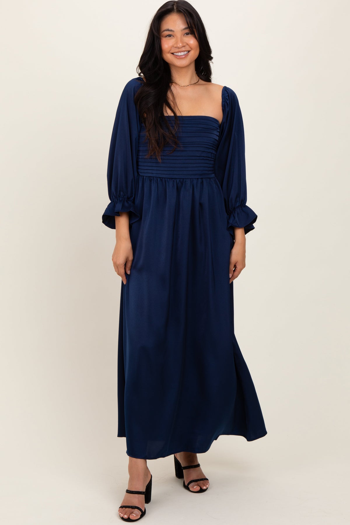 Three Little Tots Navy Off Shoulder Satin Pleated Bodice Maternity Maxi Dress, additional view