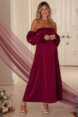 Three Little Tots Burgundy Off Shoulder Satin Pleated Bodice Maternity Maxi Dress