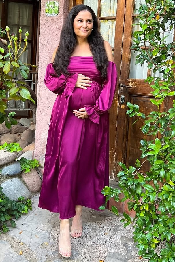 Three Little Tots Burgundy Off Shoulder Satin Pleated Bodice Maternity Maxi Dress, additional view