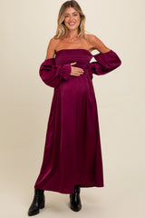 Three Little Tots Burgundy Off Shoulder Satin Pleated Bodice Maternity Maxi Dress, additional product photo