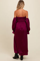 Three Little Tots Burgundy Off Shoulder Satin Pleated Bodice Maternity Maxi Dress, alternate angle