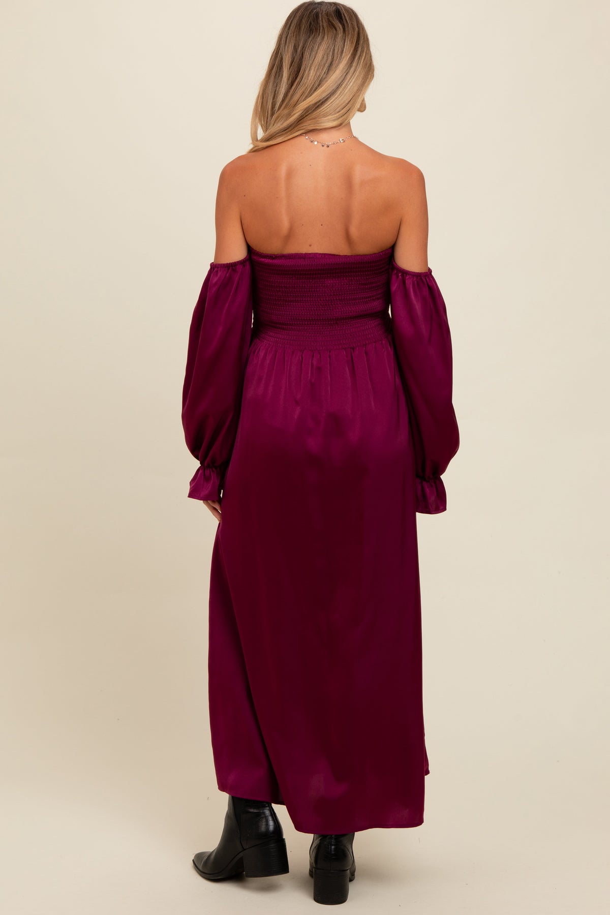 Three Little Tots Burgundy Off Shoulder Satin Pleated Bodice Maternity Maxi Dress, alternate angle