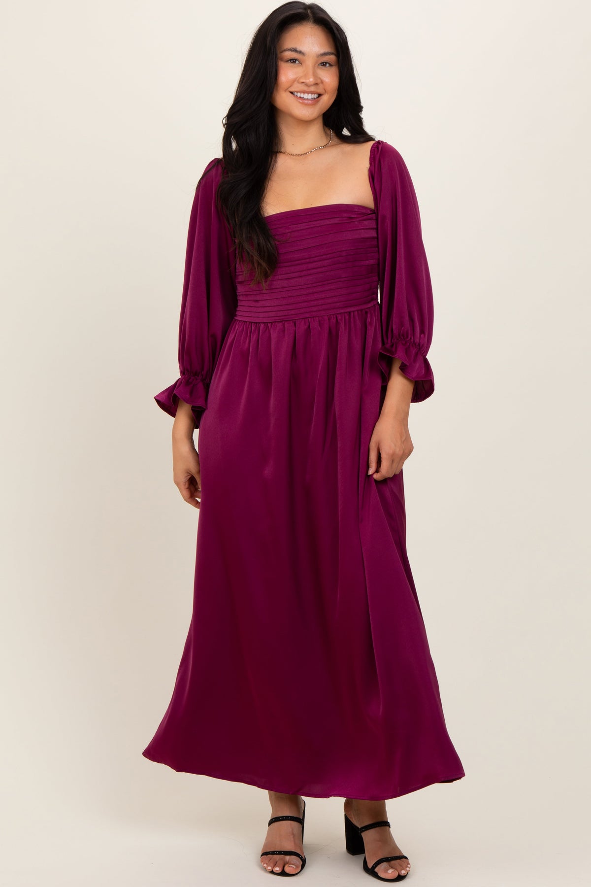 Three Little Tots Burgundy Off Shoulder Satin Pleated Bodice Maternity Maxi Dress, extra product detail