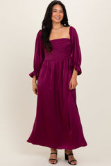 Three Little Tots Burgundy Off Shoulder Satin Pleated Bodice Maternity Maxi Dress, extra product detail