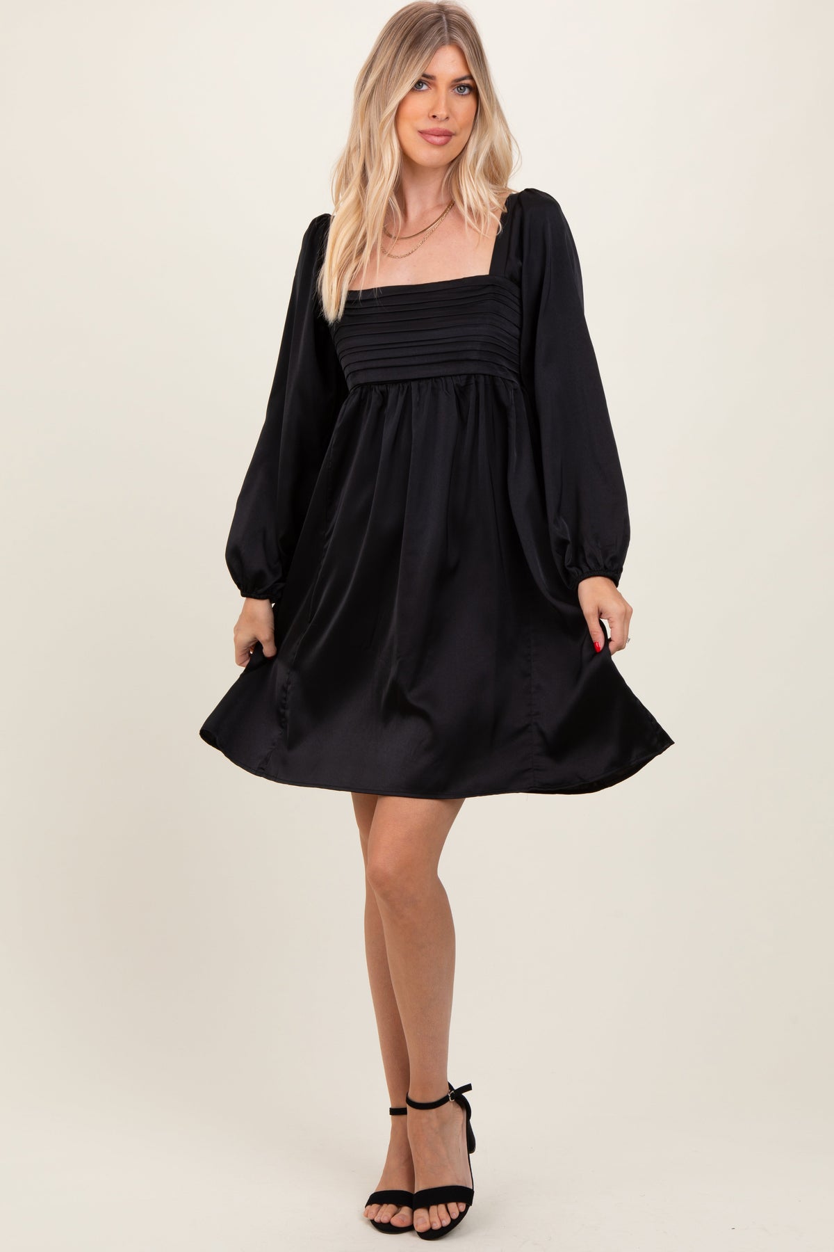 Three Little Tots Black Satin Pleated Detail Bodice Maternity Dress, extra product detail