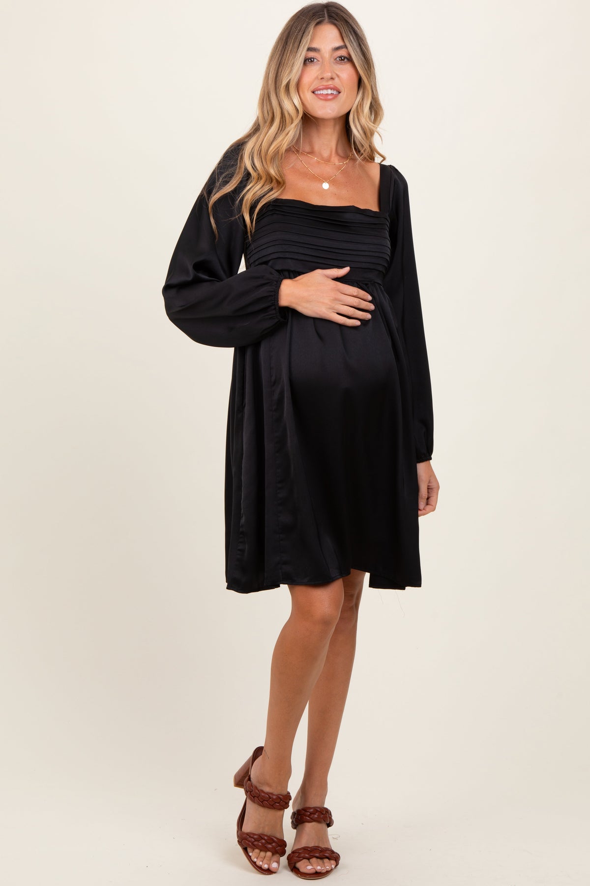 Three Little Tots Black Satin Pleated Detail Bodice Maternity Dress