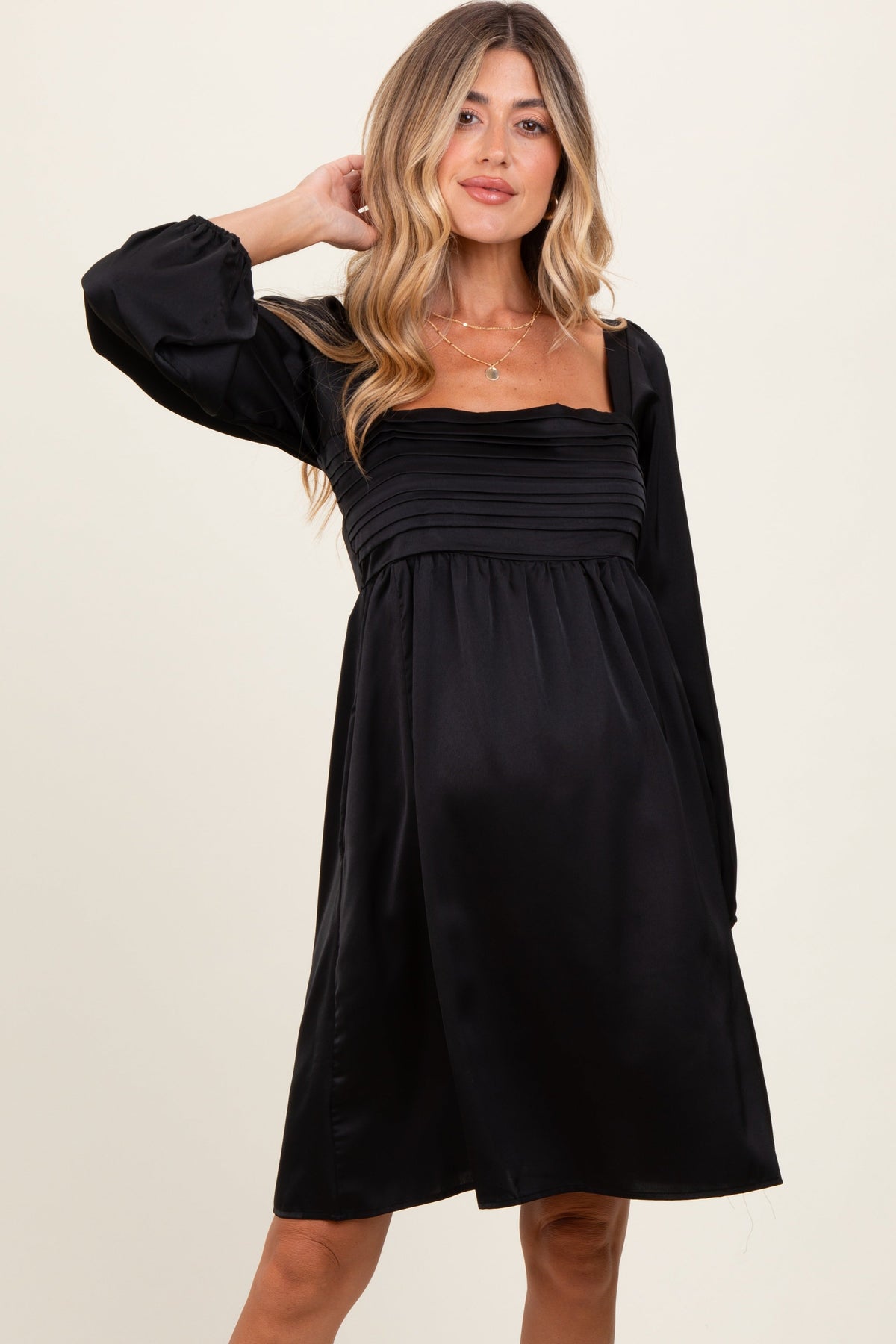 Three Little Tots Black Satin Pleated Detail Bodice Maternity Dress, additional product photo