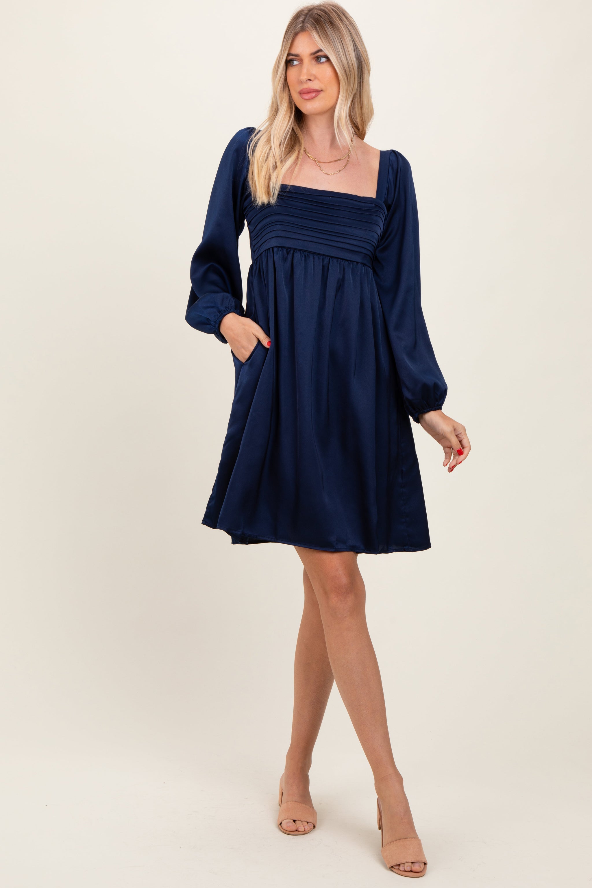 Three Little Tots Navy Blue Satin Pleated Detail Bodice Maternity Dress, additional view