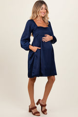 Three Little Tots Navy Blue Satin Pleated Detail Bodice Maternity Dress, additional product photo