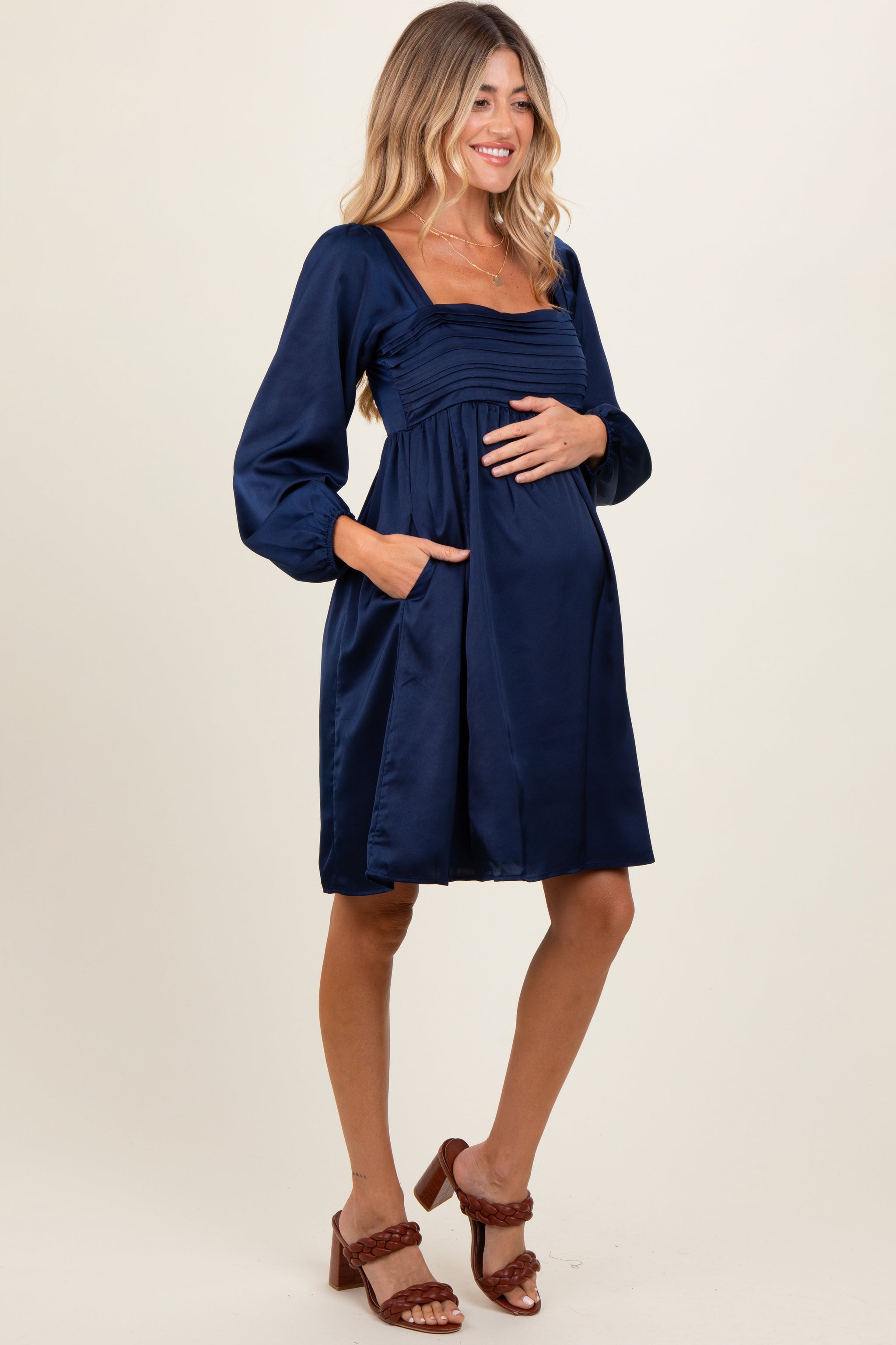 Three Little Tots Navy Blue Satin Pleated Detail Bodice Maternity Dress, additional product photo