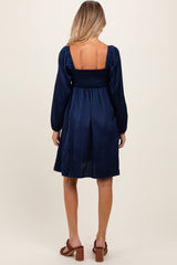 Three Little Tots Navy Blue Satin Pleated Detail Bodice Maternity Dress, alternate angle