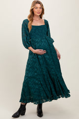 Three Little Tots Forest Green Textured Overlay Smocked Ruffled Hem Maternity Maxi Dress, alternate angle