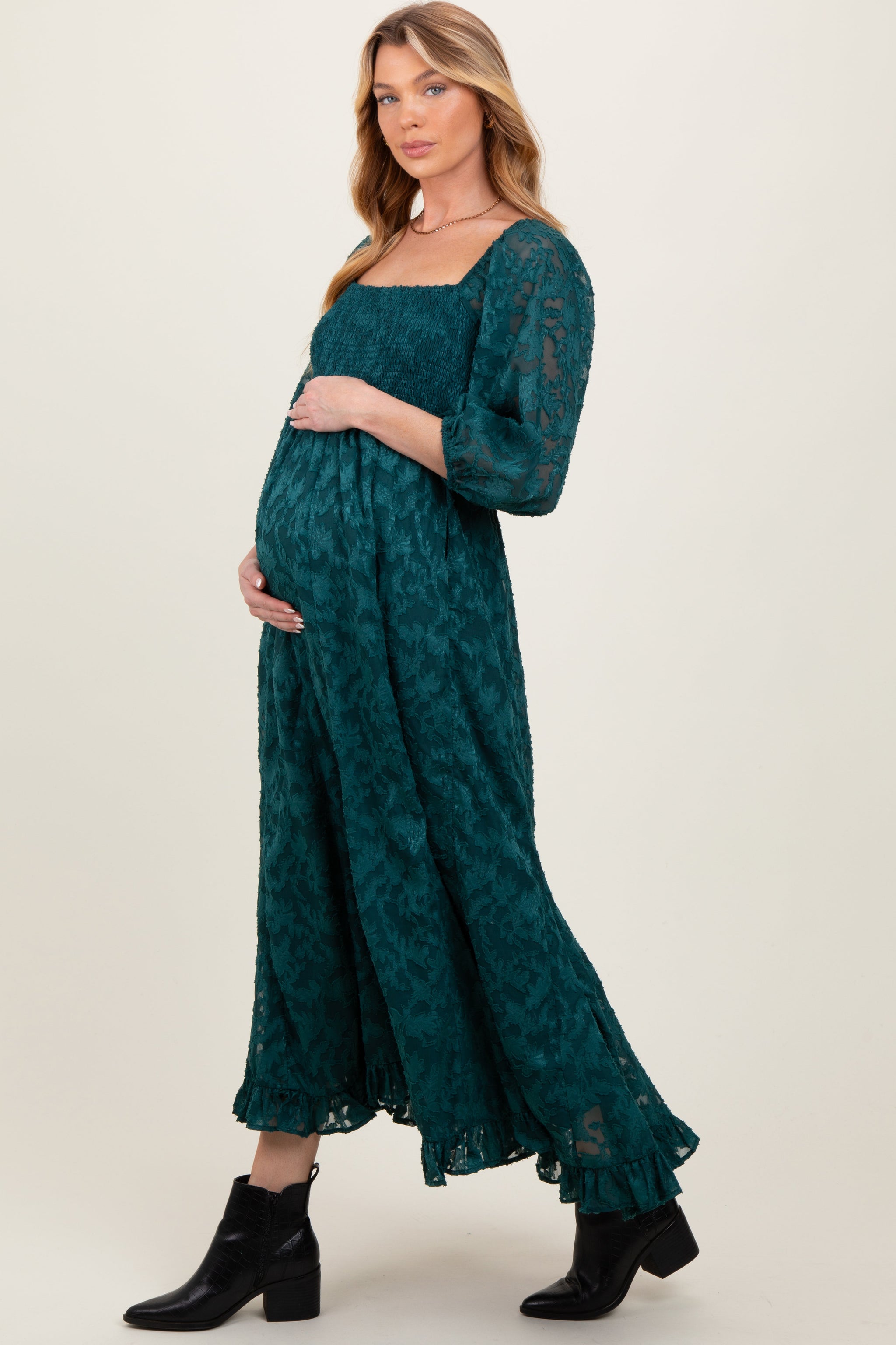 Three Little Tots Forest Green Textured Overlay Smocked Ruffled Hem Maternity Maxi Dress