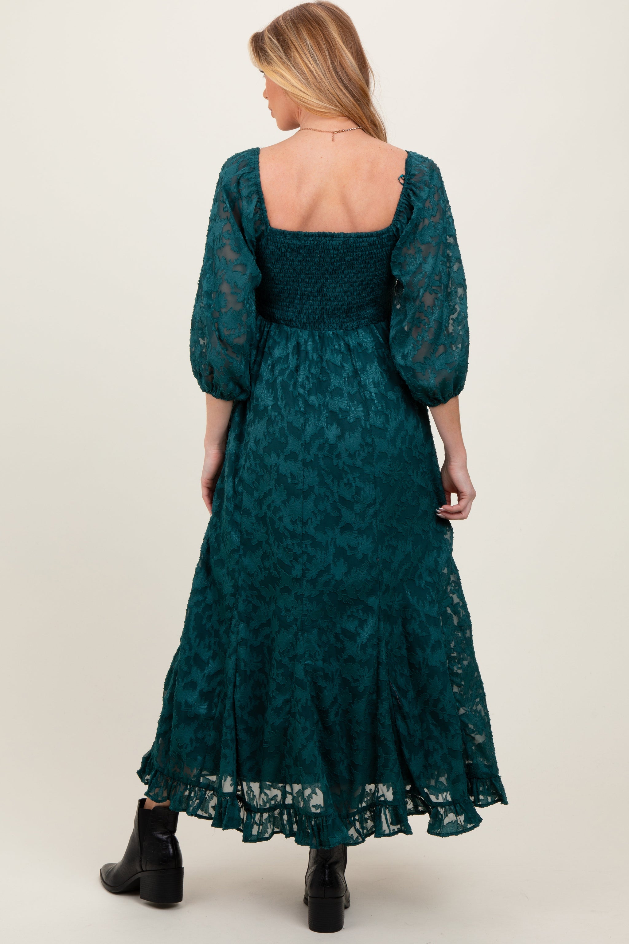 Three Little Tots Forest Green Textured Overlay Smocked Ruffled Hem Maternity Maxi Dress, additional view