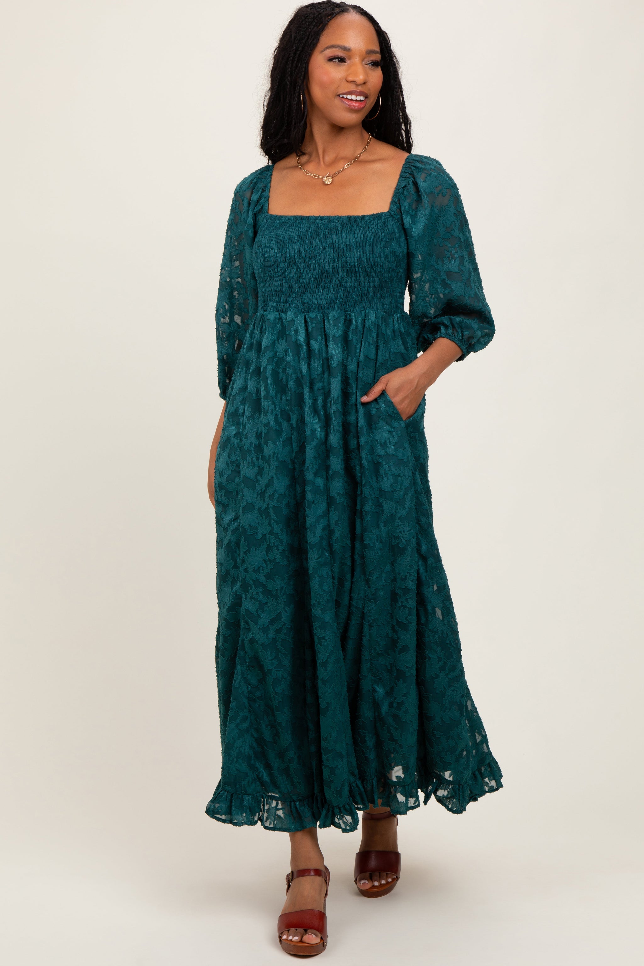 Three Little Tots Forest Green Textured Overlay Smocked Ruffled Hem Maternity Maxi Dress, extra product detail
