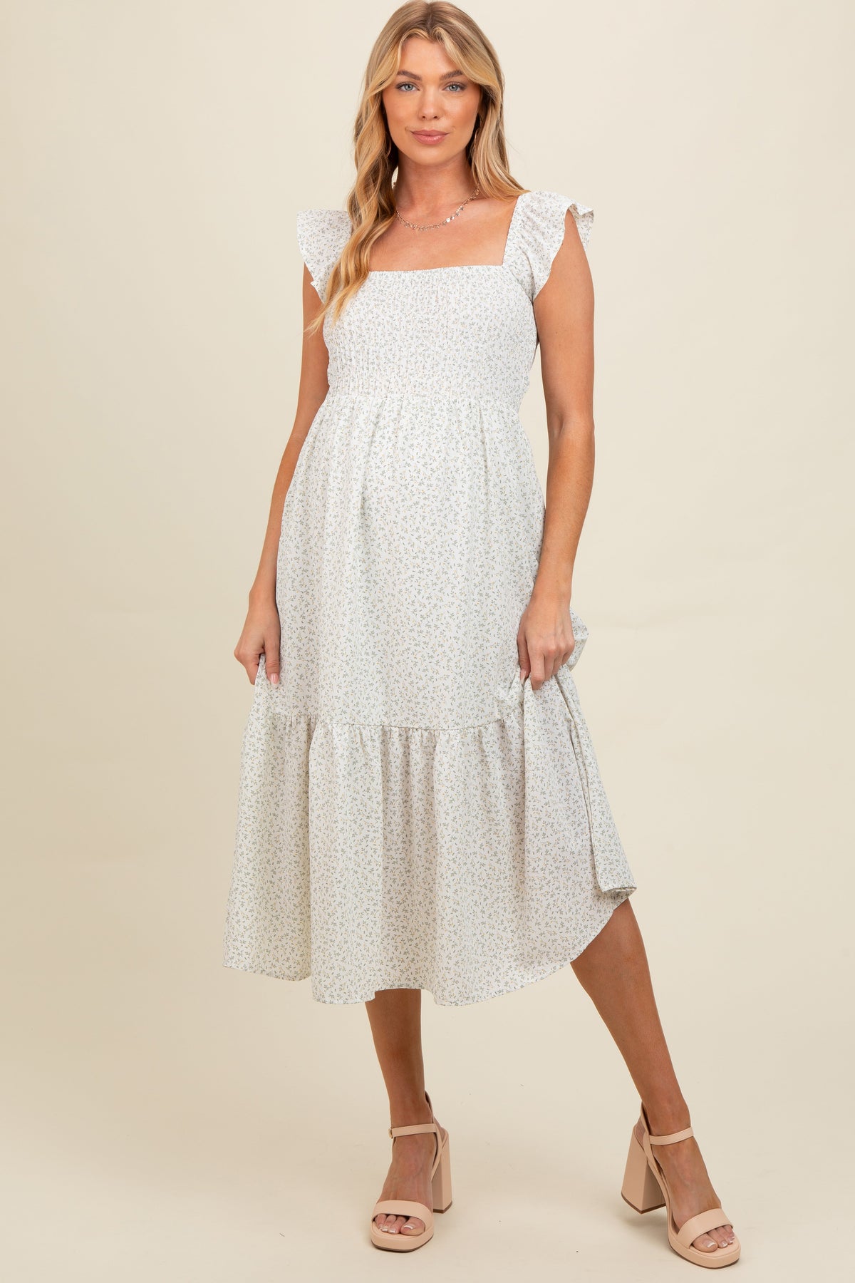 Three Little Tots Cream Ruffle Strap Smocked Maternity Mid Dress, alternate angle