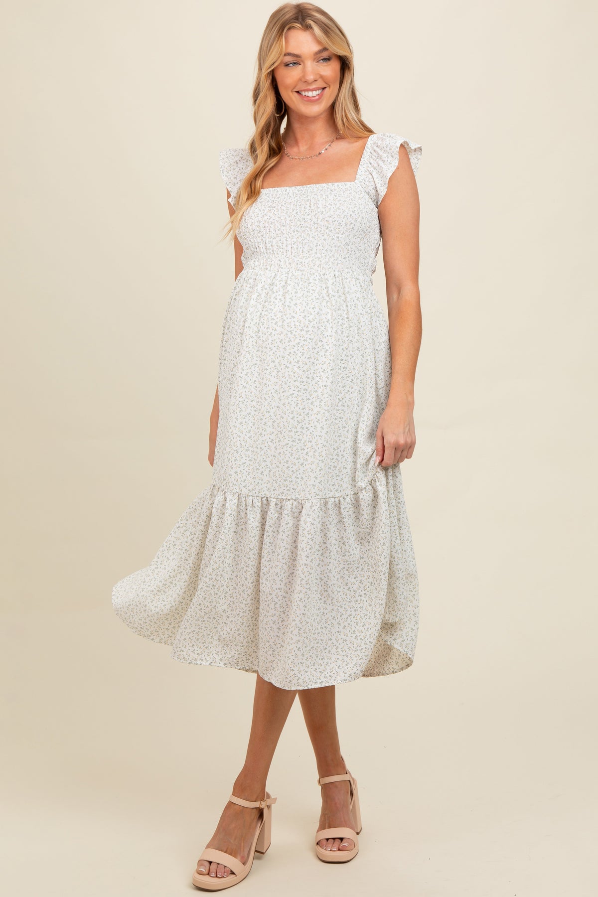 Three Little Tots Cream Ruffle Strap Smocked Maternity Mid Dress, additional product photo