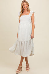 Three Little Tots Cream Ruffle Strap Smocked Maternity Mid Dress, additional product photo