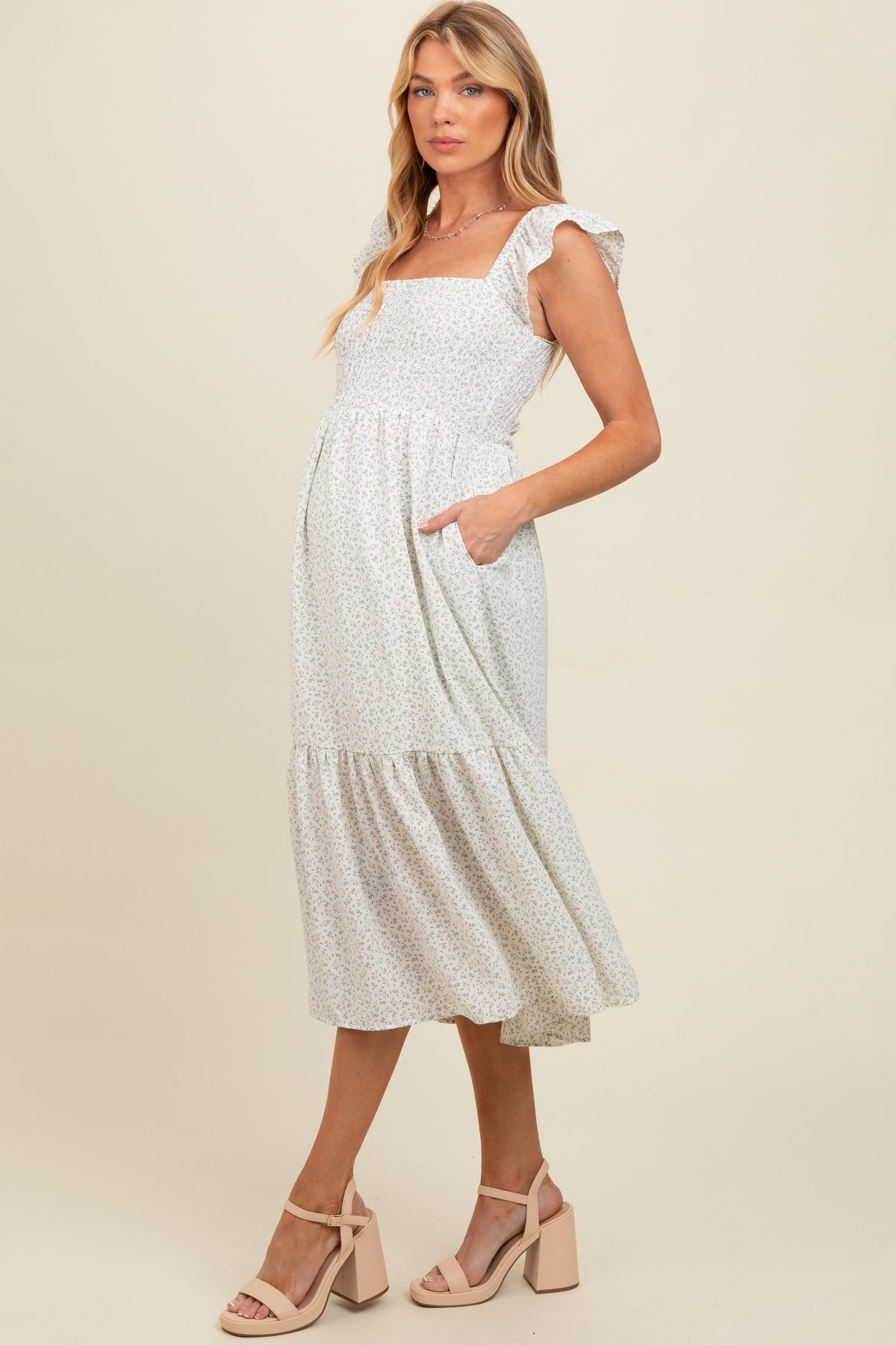 Three Little Tots Cream Ruffle Strap Smocked Maternity Mid Dress