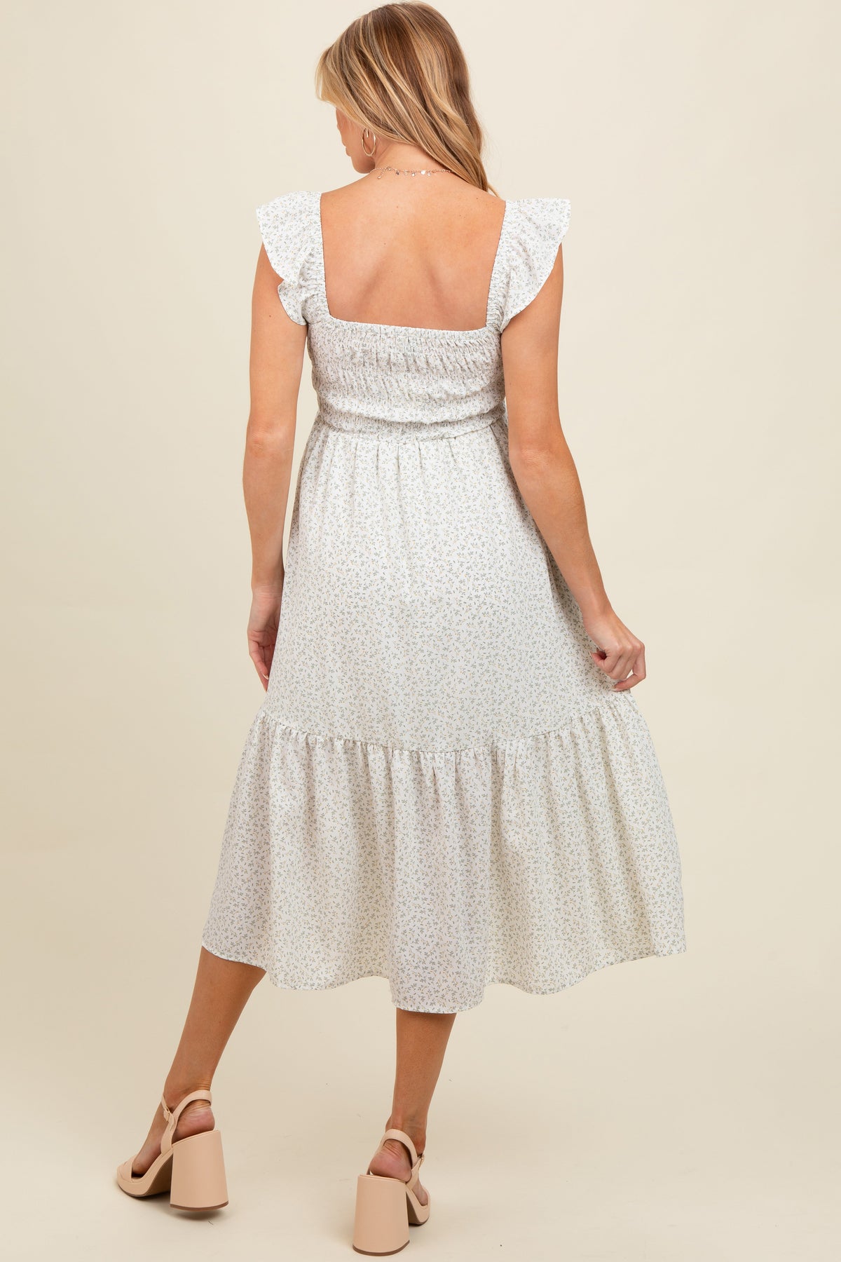 Three Little Tots Cream Ruffle Strap Smocked Maternity Mid Dress, additional view