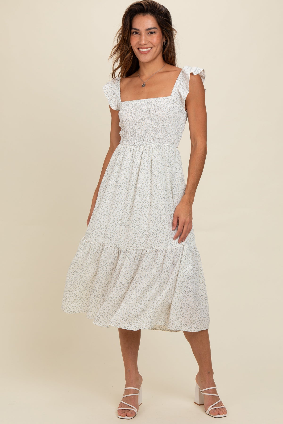 Three Little Tots Cream Ruffle Strap Smocked Maternity Mid Dress, extra product detail