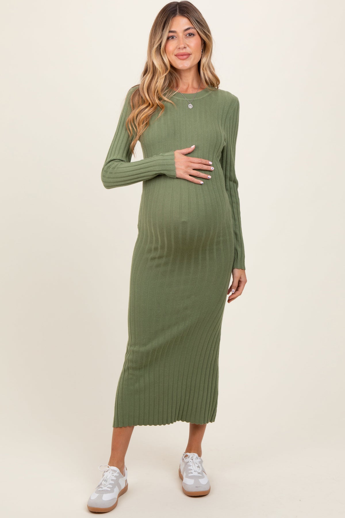 Three Little Tots Olive Ribbed Knit Fitted Maternity Midi Sweater Dress