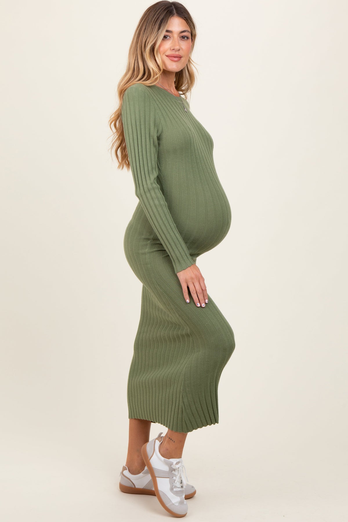 Three Little Tots Olive Ribbed Knit Fitted Maternity Midi Sweater Dress, alternate angle