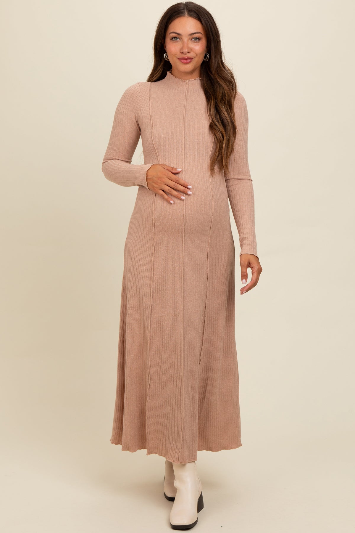 Three Little Tots Beige Ribbed Exposed Seam Mock Neck Maternity Dress