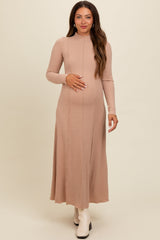 Three Little Tots Beige Ribbed Exposed Seam Mock Neck Maternity Dress