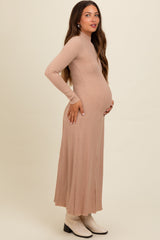 Three Little Tots Beige Ribbed Exposed Seam Mock Neck Maternity Dress, additional product photo