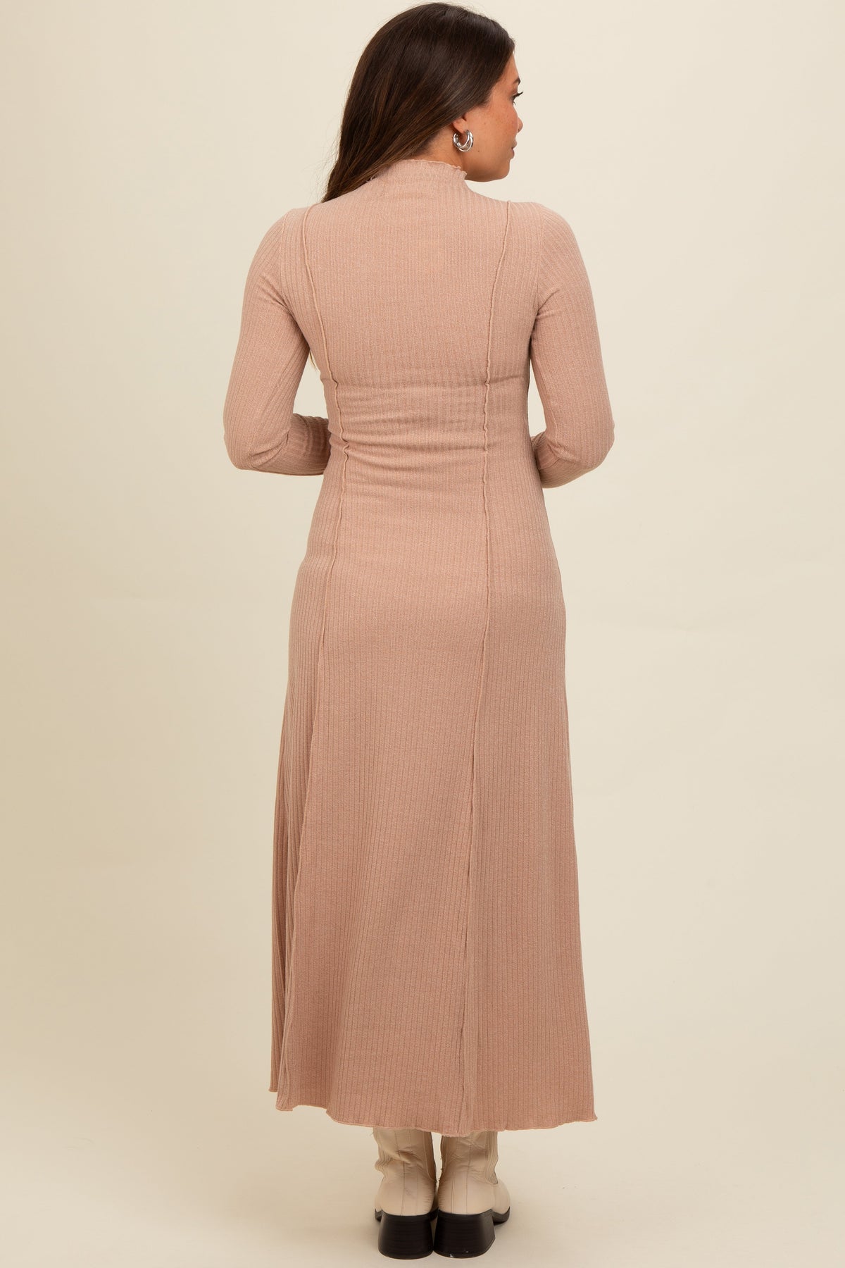 Three Little Tots Beige Ribbed Exposed Seam Mock Neck Maternity Dress, alternate angle