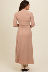 Three Little Tots Beige Ribbed Exposed Seam Mock Neck Maternity Dress, alternate angle