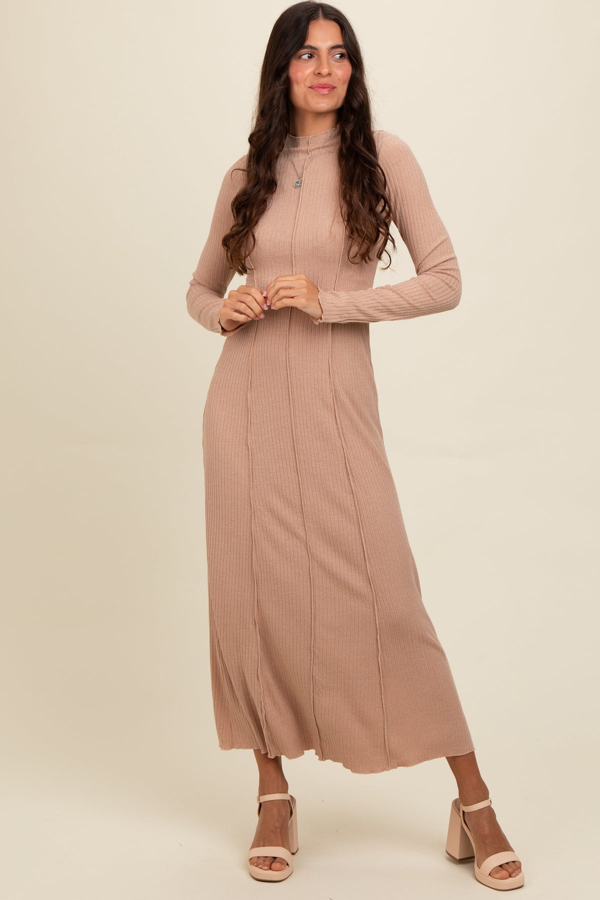 Three Little Tots Beige Ribbed Exposed Seam Mock Neck Maternity Dress, additional view