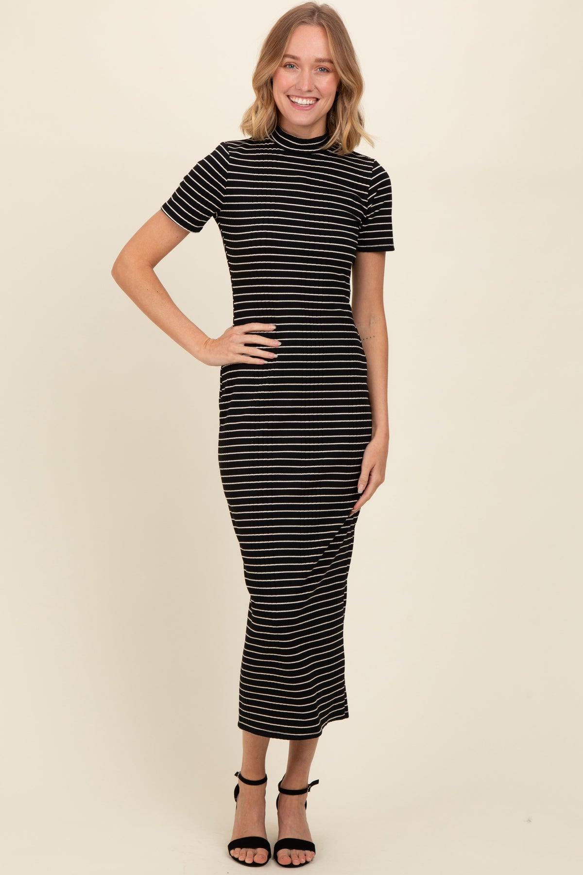 Three Little Tots Black Striped Mock Neck Fitted Maternity Midi Dress, additional view