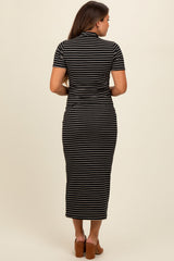 Three Little Tots Black Striped Mock Neck Fitted Maternity Midi Dress, alternate angle