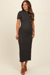 Three Little Tots Black Striped Mock Neck Fitted Maternity Midi Dress