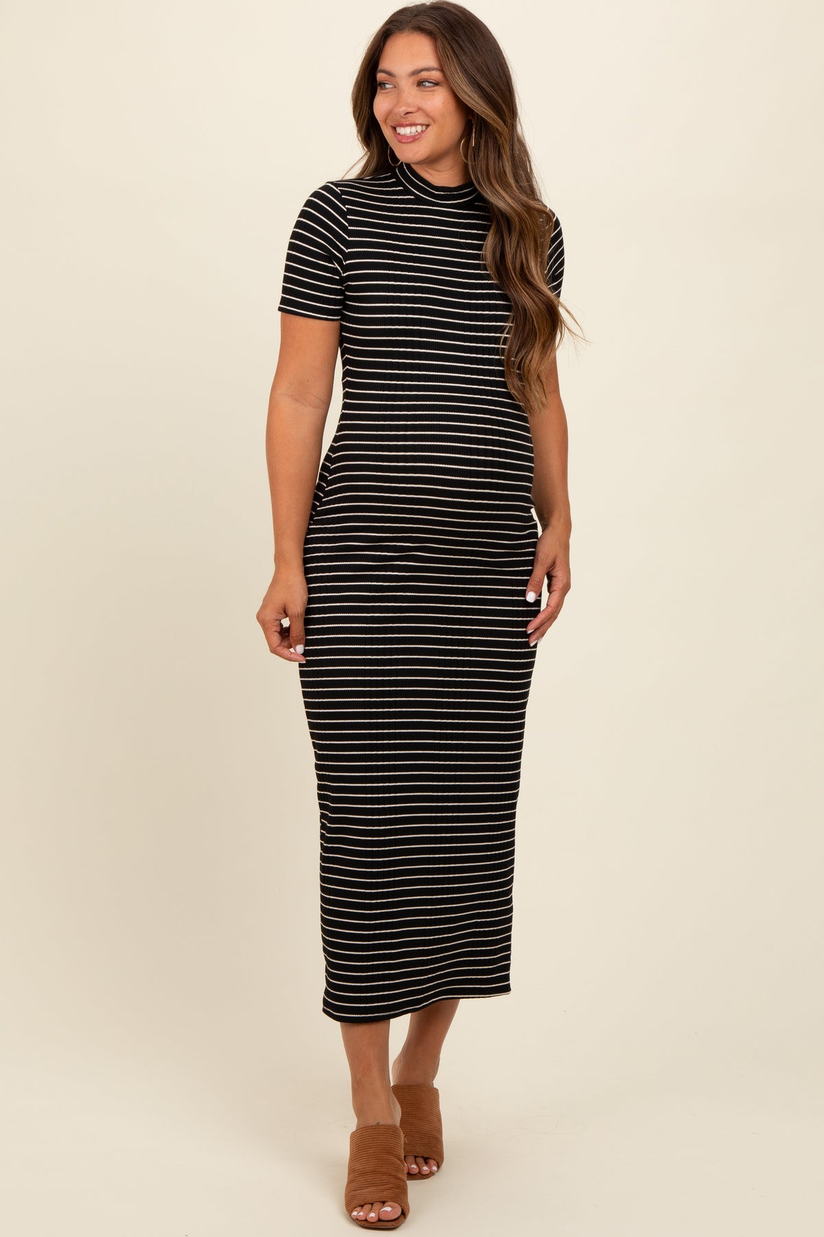 Three Little Tots Black Striped Mock Neck Fitted Maternity Midi Dress