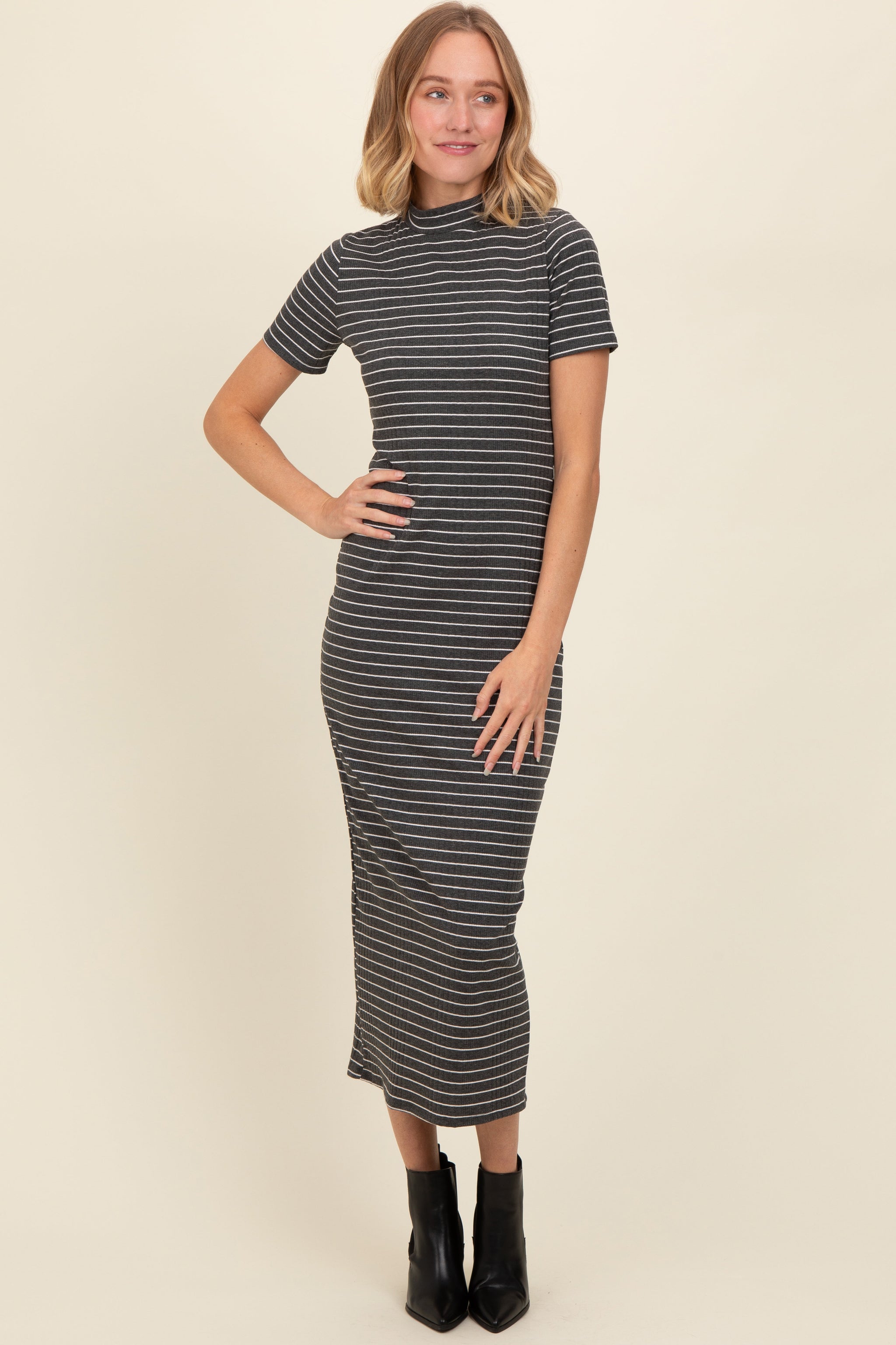 Three Little Tots Charcoal Striped Mock Neck Fitted Maternity Midi Dress, extra product detail