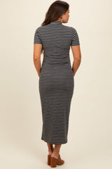 Three Little Tots Charcoal Striped Mock Neck Fitted Maternity Midi Dress, alternate angle