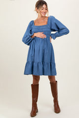 Three Little Tots Blue Vintage Wash Chambray Smocked Maternity Midi Dress