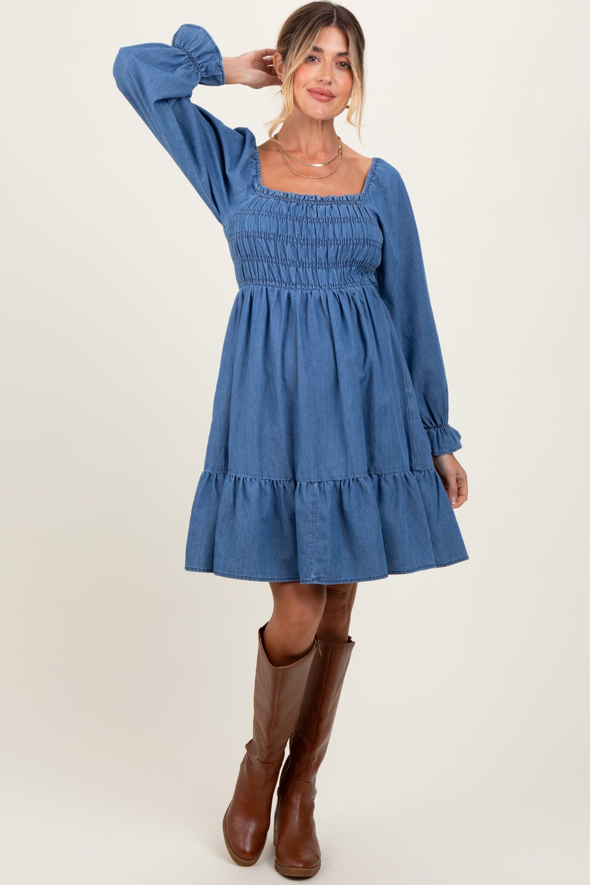 Three Little Tots Blue Vintage Wash Chambray Smocked Maternity Midi Dress, additional product photo