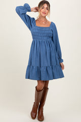 Three Little Tots Blue Vintage Wash Chambray Smocked Maternity Midi Dress, additional product photo