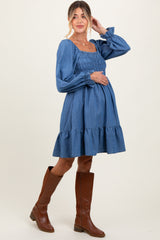 Three Little Tots Blue Vintage Wash Chambray Smocked Maternity Midi Dress, alternate angle
