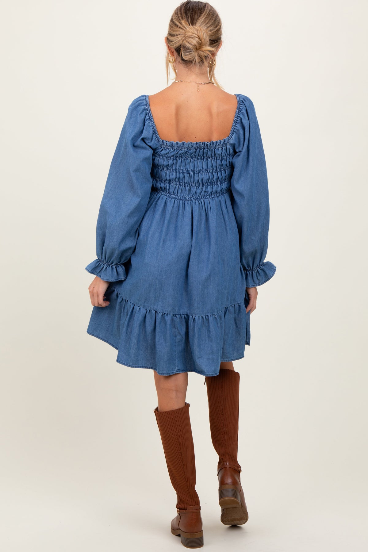 Three Little Tots Blue Vintage Wash Chambray Smocked Maternity Midi Dress, additional view