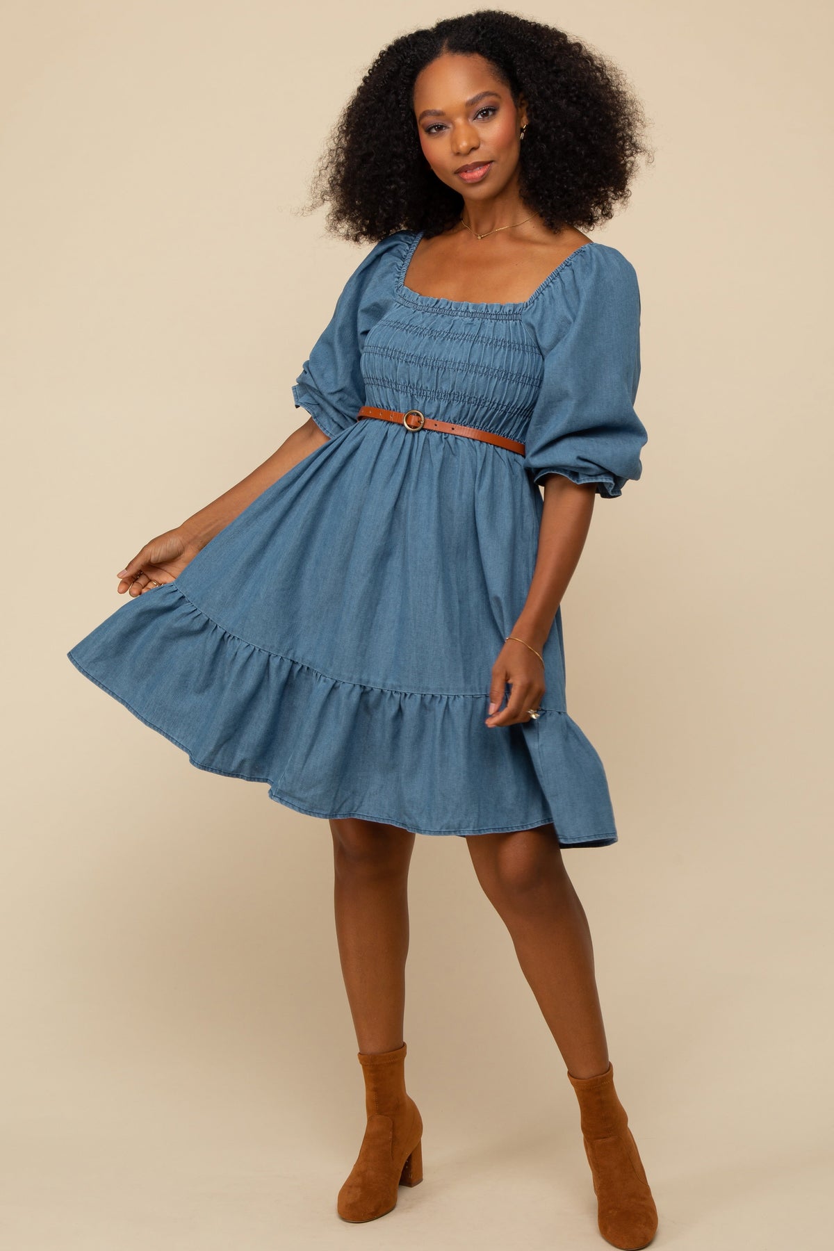 Three Little Tots Blue Vintage Wash Chambray Smocked Maternity Midi Dress, supplementary photo