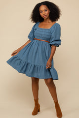 Three Little Tots Blue Vintage Wash Chambray Smocked Maternity Midi Dress, supplementary photo